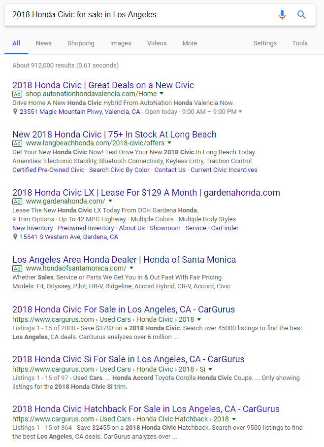 Long tail Google search for "2018 Honda Civic for sale in Los Angeles"