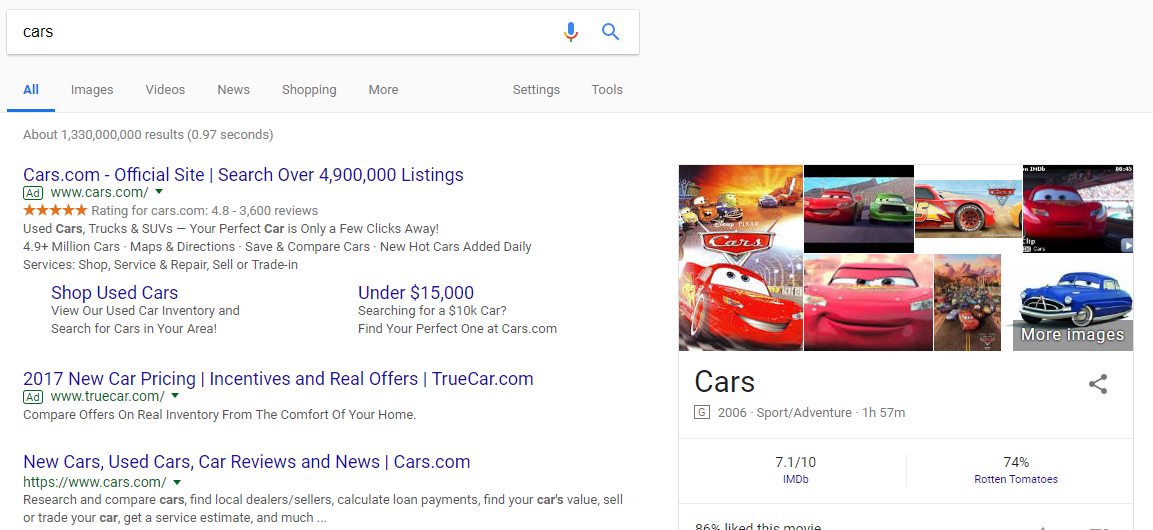 An example of a short-tail keyword Google search "cars"