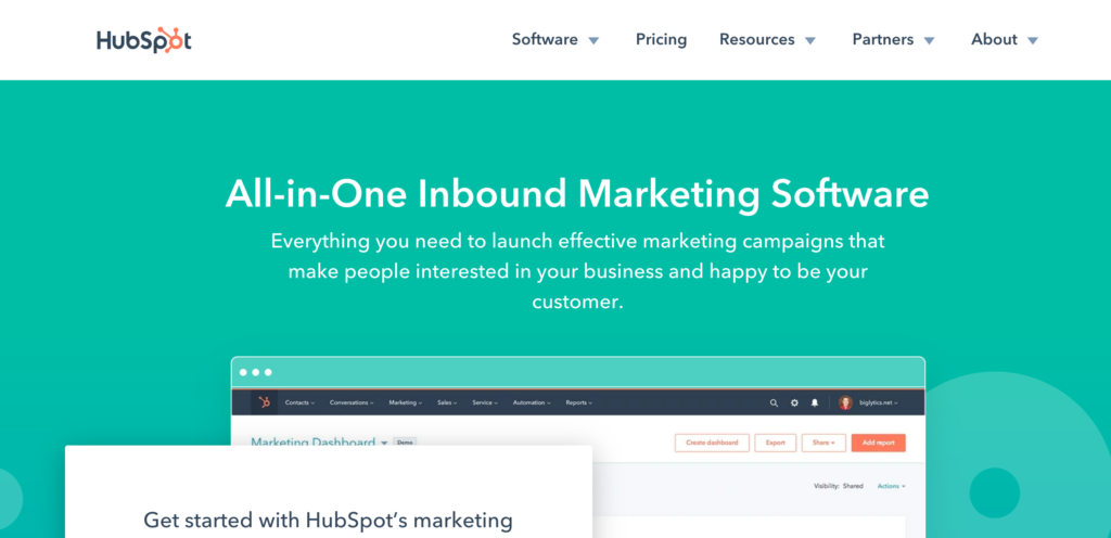 Hubspot landing page for marketing software